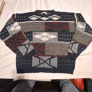 City Streets Mens Vintage Geometric Patchwork Knit Sweater Navy Burgundy XLT XGL